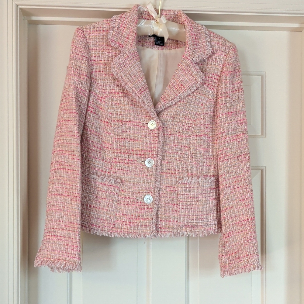 Karen Kane Pink Tweed Fringe-Trim Blazer